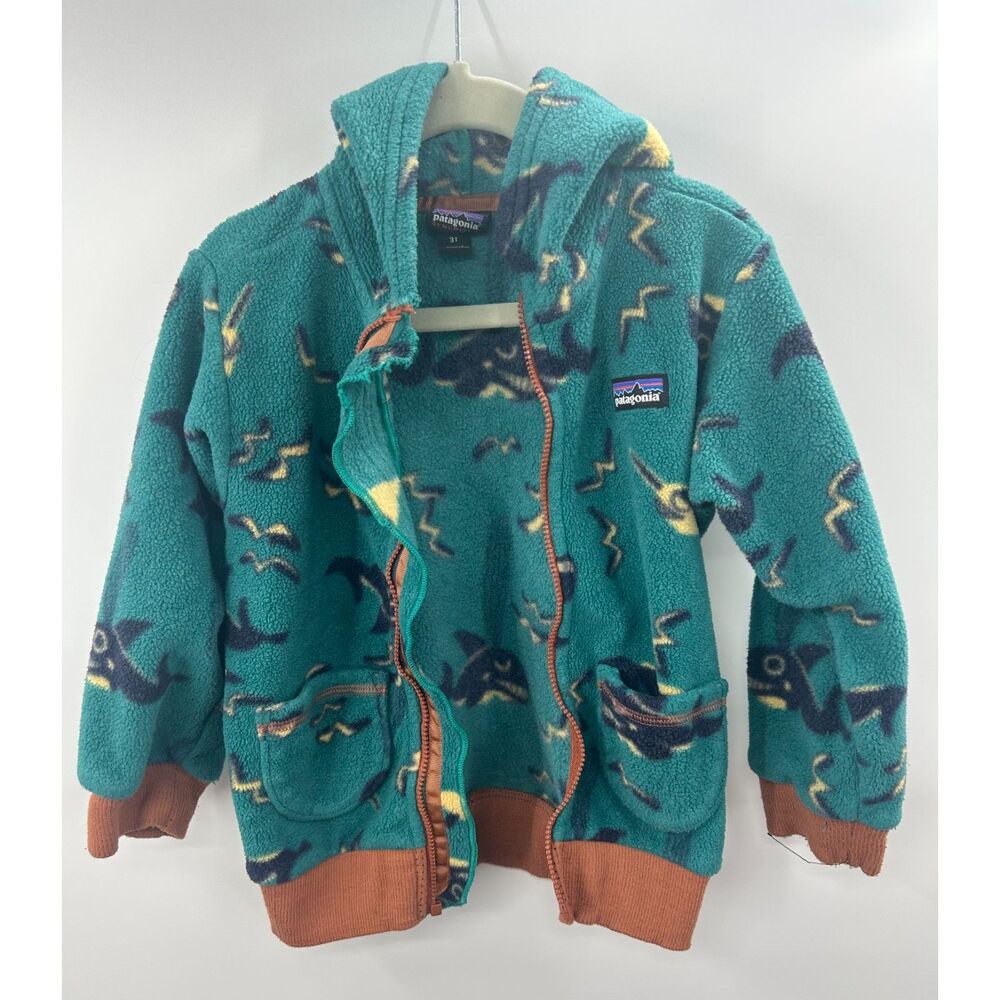 Patagonia Toddler Synchilla Cardigan Fleece Jacket Whale print Hooded 3T